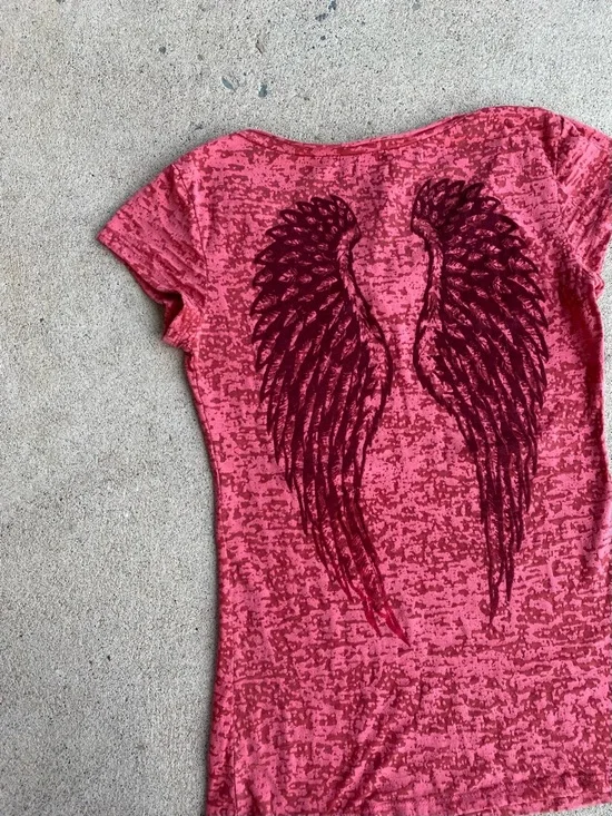 Y2k/Emo Pink Affliction Style Mesh Wings Tee - Picture 2 of 7